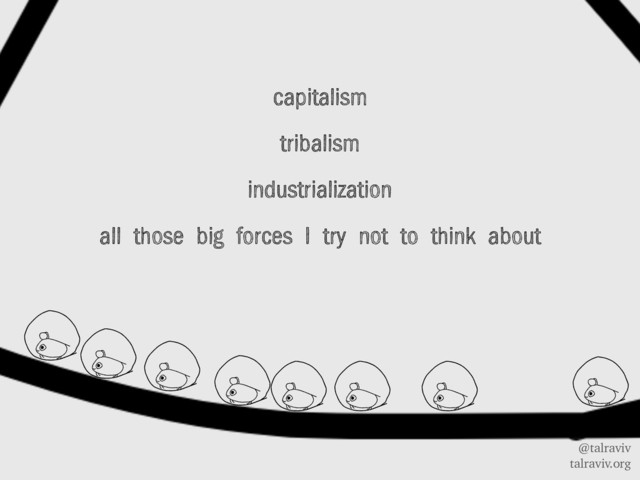 @talraviv
talraviv.org
capitalism
tribalism
industrialization
all those big forces I try not to think about
