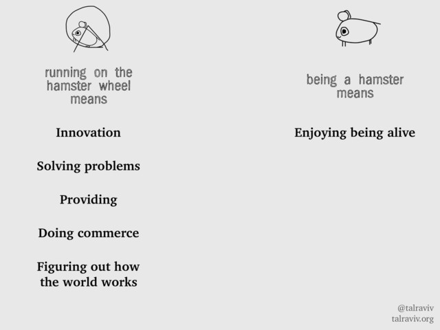 @talraviv
talraviv.org
running on the
hamster wheel
means
Innovation
Solving problems
Providing
Doing commerce
Figuring out how
the world works
being a hamster
means
Enjoying being alive
