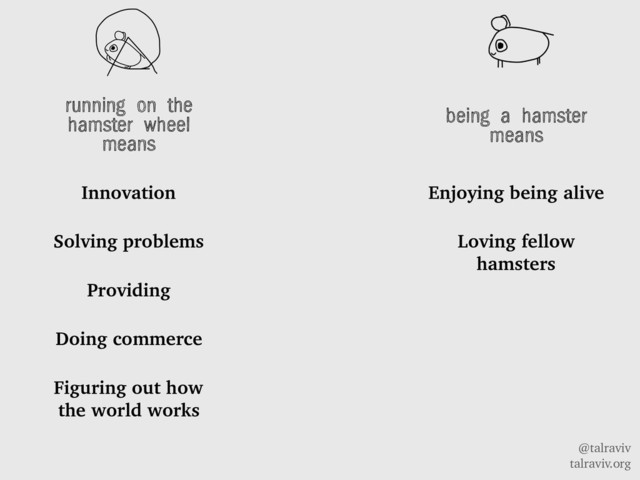 @talraviv
talraviv.org
running on the
hamster wheel
means
Innovation
Solving problems
Providing
Doing commerce
Figuring out how
the world works
being a hamster
means
Enjoying being alive
Loving fellow
hamsters
