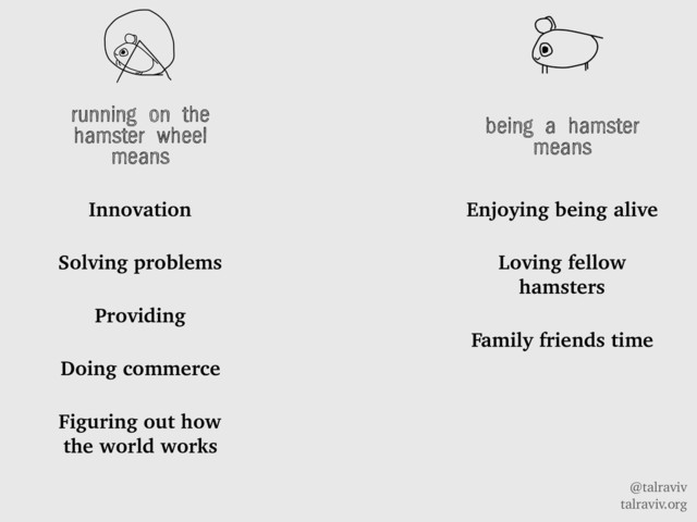 @talraviv
talraviv.org
running on the
hamster wheel
means
Innovation
Solving problems
Providing
Doing commerce
Figuring out how
the world works
being a hamster
means
Enjoying being alive
Loving fellow
hamsters
Family friends time

