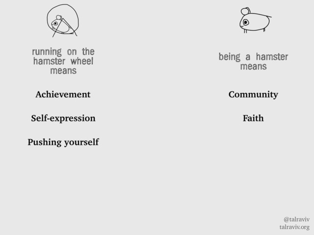 @talraviv
talraviv.org
running on the
hamster wheel
means
Achievement
Self-expression
Pushing yourself
being a hamster
means
Community
Faith
