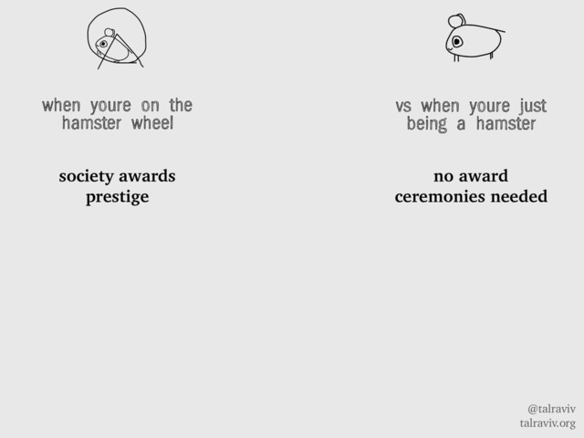 @talraviv
talraviv.org
when youre on the
hamster wheel
society awards
prestige
vs when youre just
being a hamster
no award
ceremonies needed
