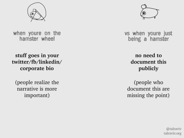 @talraviv
talraviv.org
when youre on the
hamster wheel
stuff goes in your
twitter/fb/linkedin/
corporate bio
(people realize the
narrative is more
important)
vs when youre just
being a hamster
no need to
document this
publicly
(people who
document this are
missing the point)

