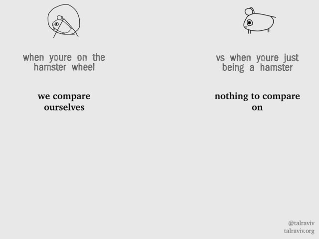 @talraviv
talraviv.org
when youre on the
hamster wheel
we compare
ourselves
vs when youre just
being a hamster
nothing to compare
on
