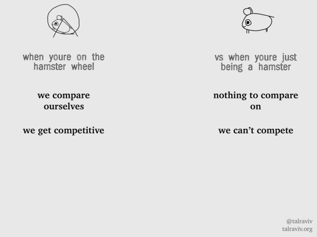 @talraviv
talraviv.org
when youre on the
hamster wheel
we compare
ourselves
we get competitive
vs when youre just
being a hamster
nothing to compare
on
we can’t compete
