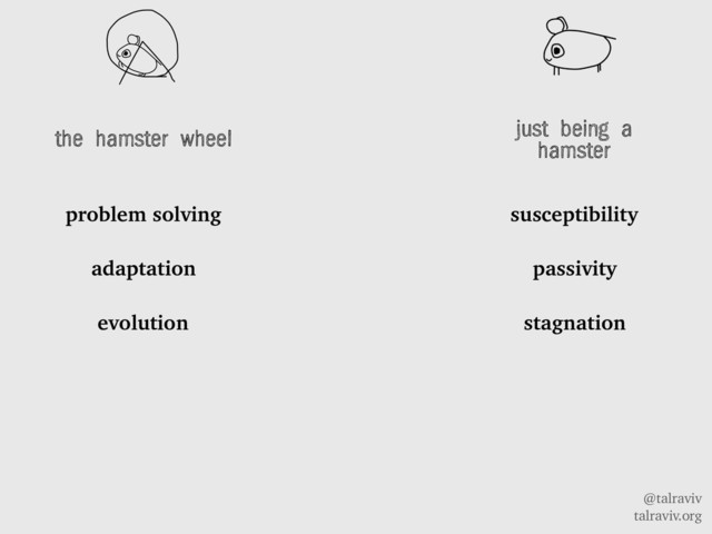 @talraviv
talraviv.org
the hamster wheel
problem solving
adaptation
evolution
just being a
hamster
susceptibility
passivity
stagnation
