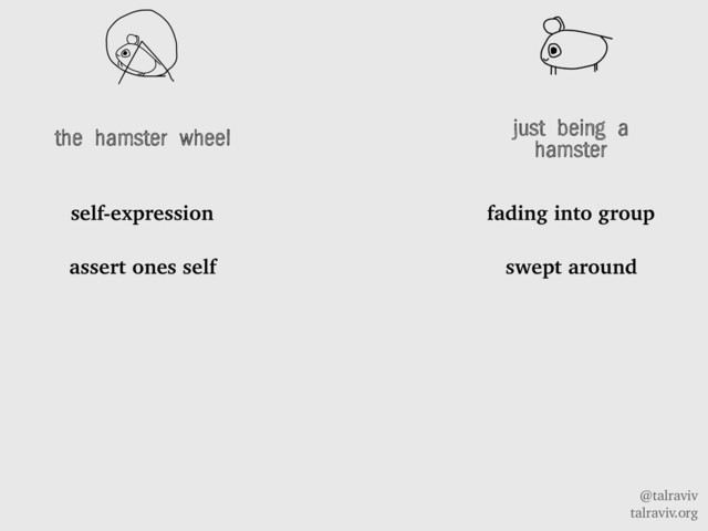 @talraviv
talraviv.org
the hamster wheel
self-expression
assert ones self
just being a
hamster
fading into group
swept around

