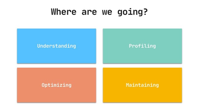 Where are we going?
Understanding Profiling
Optimizing Maintaining
