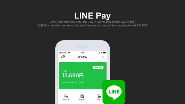 LINE Pay
Grow your business with LINE Pay. A simple and secure way to pay.
LINE Pay provides secure and trustworthy service through its compliance with PCI DSS
