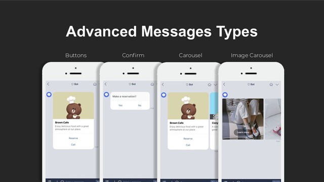 Advanced Messages Types
Buttons Conﬁrm Carousel Image Carousel

