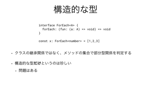 ߏ଄తͳܕ
w Ϋϥεͷܧঝؔ܎Ͱ͸ͳ͘ɺϝιουͷू߹Ͱ෦෼ܕؔ܎Λ൑ఆ͢Δ
w ߏ଄తͳܕ͚ͩͱ͍͏ͷ͸௝͍͠
w ໰୊͸͋Δ
interface ForEach<a> {
forEach: (fun: (a: A) => void) => void
}
const x: ForEach = [1,2,3]
</a>