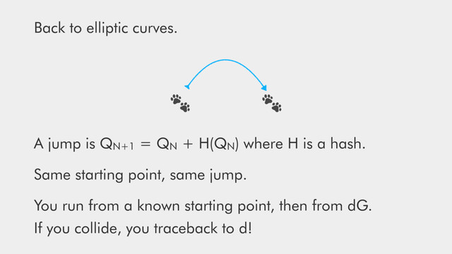 Back to elliptic curves.
A jump is QN+1 = QN + H(QN) where H is a hash.
Same starting point, same jump.
You run from a known starting point, then from dG. 
If you collide, you traceback to d!


