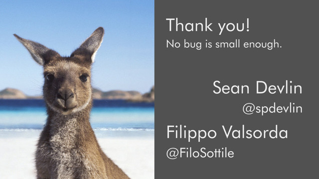 Filippo Valsorda
@FiloSottile
Sean Devlin
@spdevlin
Thank you!
No bug is small enough.
