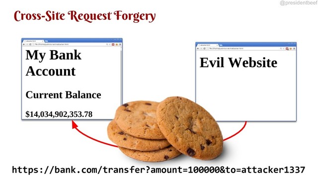 @presidentbeef
Cross-Site Request Forgery
https://bank.com/transfer?amount=100000&to=attacker1337
