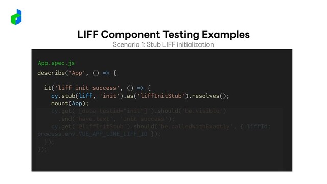App.spec.js
describe('App', () => {
it('liff init success', () => {
cy.stub(liff, 'init').as('liffInitStub').resolves();
mount(App);
cy.get('[data-testid="init"]').should('be.visible')
.and('have.text', 'Init success');
cy.get('@liffInitStub').should('be.calledWithExactly', { liffId:
process.env.VUE_APP_LINE_LIFF_ID });
});
});
Scenario 1: Stub LIFF initialization
LIFF Component Testing Examples
