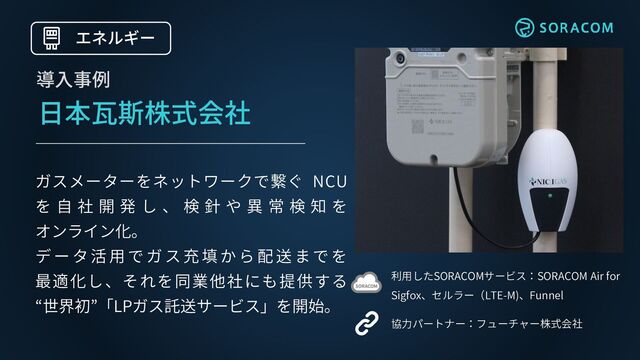 日本瓦斯株式会社
利用したSORACOMサービス：SORACOM Air for
Sigfox、セルラー（LTE-M)、Funnel
協力パートナー：フューチャー株式会社
導入事例
エネルギー
ガスメーターをネットワークで繋ぐ NCU
を 自 社 開 発 し 、 検 針 や 異 常 検 知 を
オンライン化。
デ ー タ 活 用 で ガ ス 充 填 か ら 配 送 ま で を
最適化し、それを同業他社にも提供する
“世界初”「LPガス託送サービス」を開始。
