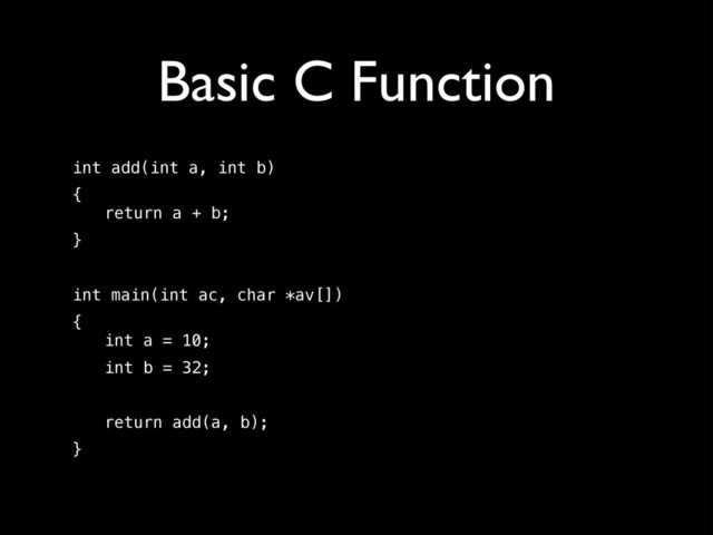 Basic C Function
int add(int a, int b)
{ 
return a + b;
}
!
int main(int ac, char *av[])
{ 
int a = 10;
int b = 32;
!
return add(a, b);
}
