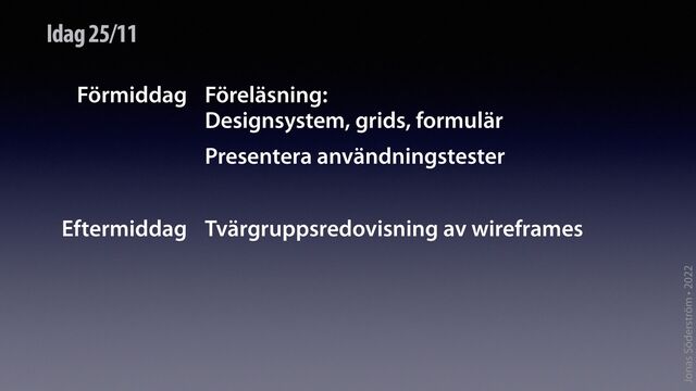 Jonas Söderström • 2022
Idag 25/11
Förmiddag Föreläsning:
 
Designsystem, grids, formulär


Presentera användningstester
Tvärgruppsredovisning av wireframes
Eftermiddag
