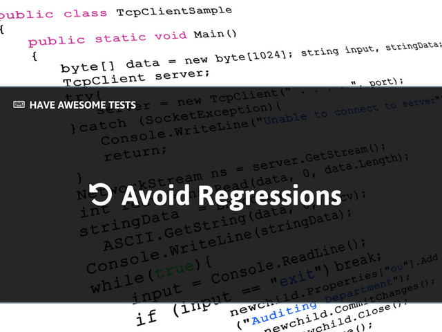 Avoid Regressions
HAVE AWESOME TESTS
!
$
