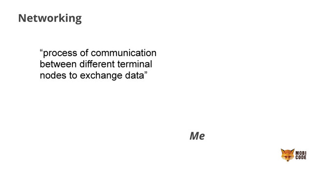 Networking
“process of communication
between different terminal
nodes to exchange data”
Me
