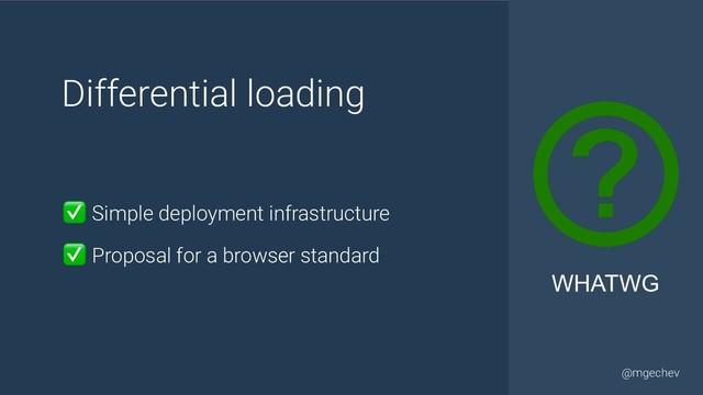 @yourtwitter
@mgechev
Differential loading
✅ Simple deployment infrastructure
✅ Proposal for a browser standard
WHATWG
