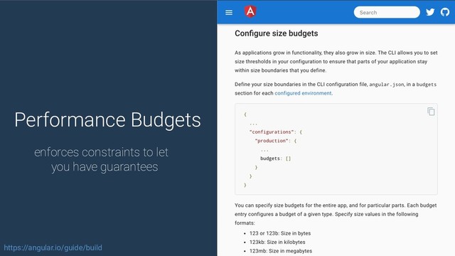 @yourtwitter
Performance Budgets
enforces constraints to let
you have guarantees
v8.0.0
https://angular.io/guide/build
