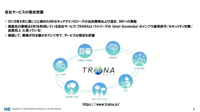Copyright （C） Nomura Research Institute, Ltd. All rights reserved. 3
自社サービスの現状把握
 2018年8月に長いこと勤めたNRIセキュアテクノロジーズの出向解除および退社、NRIへの異動
 異動先の業務はAWSを利用している自社サービス(TRAINAというシリーズの Smart Knowledge)のインフラ運用保守/セキュリティ対策/
品質向上(と思っている)
 異動して、業務が引き継がれていく中で、サービスの現状を把握
https://www.traina.ai/
