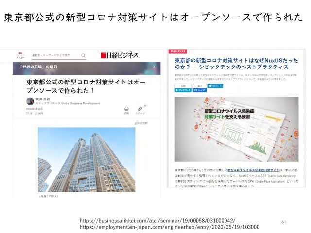 東京都公式の新型コロナ対策サイトはオープンソースで作られた
61
https://business.nikkei.com/atcl/seminar/19/00058/031000042/
https://employment.en-japan.com/engineerhub/entry/2020/05/19/103000
