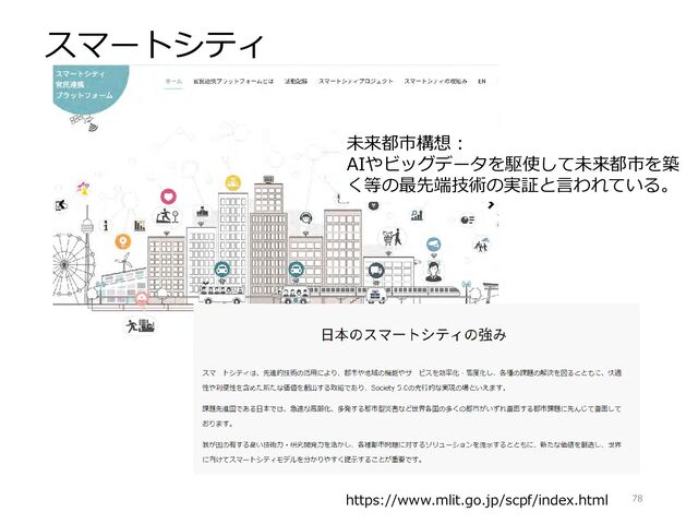スマートシティ
78
https://www.mlit.go.jp/scpf/index.html
未来都市構想：
AIやビッグデータを駆使して未来都市を築
く等の最先端技術の実証と言われている。
