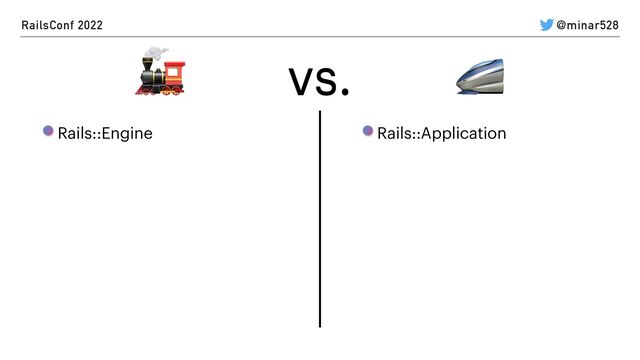 RailsConf 2022 @minar528
Rails::Application


Rails::Engine
🚂 🚄
vs.
🚂 🚄
vs.
