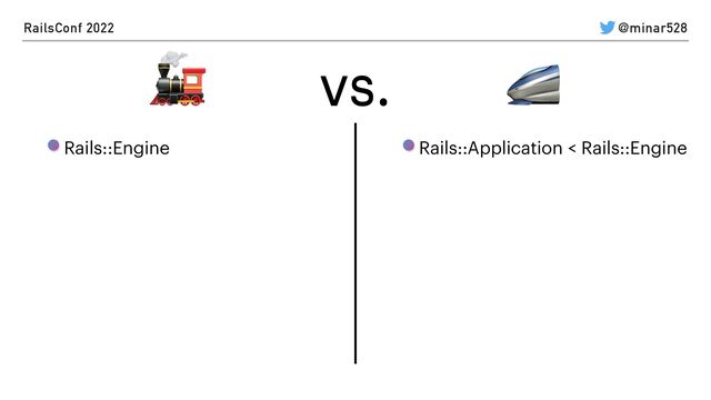 RailsConf 2022 @minar528
Rails::Application < Rails::Engine
Rails::Engine


🚂 🚄
vs.
🚂 🚄
vs.
