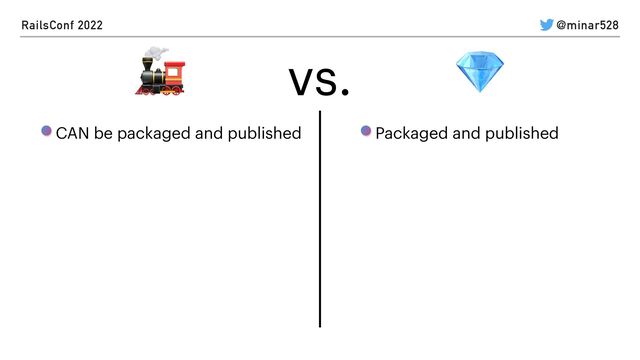 RailsConf 2022 @minar528
💎
Packaged and published


CAN be packaged and published


🚂 vs.
🚂 vs.
