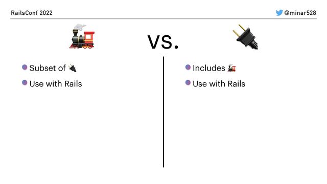 RailsConf 2022 @minar528
🔌
Subset of 🔌


Use with Rails
🚂 vs.
Includes 🚂


Use with Rails
