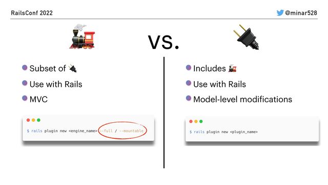 RailsConf 2022 @minar528
🔌
Subset of 🔌


Use with Rails


MVC


🚂 vs.
Includes 🚂


Use with Rails


Model-level modi
f
ications


