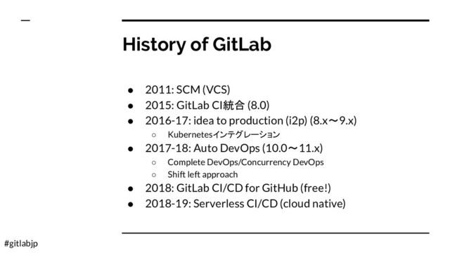 #gitlabjp
History of GitLab
● 2011: SCM (VCS)
● 2015: GitLab CI統合 (8.0)
● 2016-17: idea to production (i2p) (8.x〜9.x)
○ Kubernetesインテグレーション
● 2017-18: Auto DevOps (10.0〜11.x)
○ Complete DevOps/Concurrency DevOps
○ Shift left approach
● 2018: GitLab CI/CD for GitHub (free!)
● 2018-19: Serverless CI/CD (cloud native)
