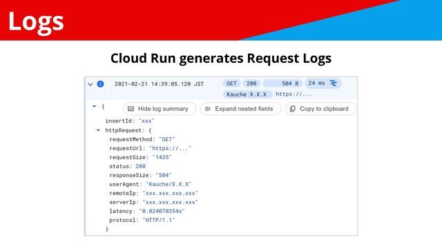 Logs
Cloud Run generates Request Logs
