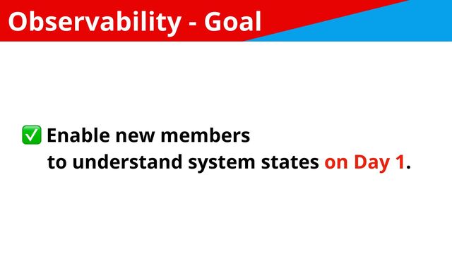 Observability - Goal
✅ Enable new members


to understand system states on Day 1.

