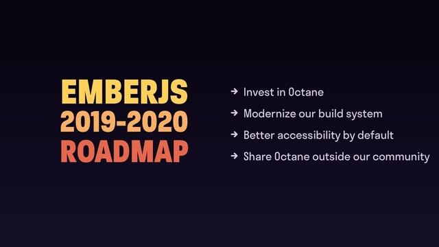 EMBERJS
2019-2020
ROADMAP
Invest in Octane
Modernize our build system
Better accessibility by default
Share Octane outside our community
