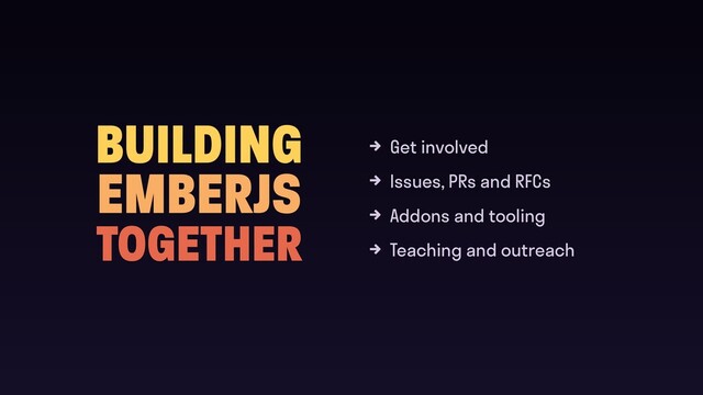 BUILDING
EMBERJS
TOGETHER
Get involved
Issues, PRs and RFCs
Addons and tooling
Teaching and outreach
