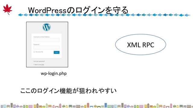 XML RPC
wp-login.php
WordPressのログインを守る 
ここのログイン機能が狙われやすい
