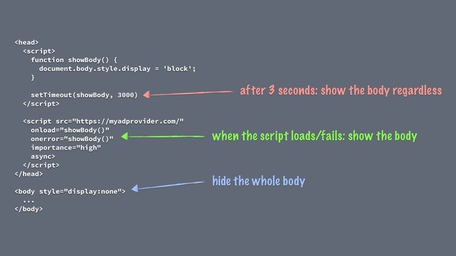 

function showBody() {
document.body.style.display = 'block';
}
setTimeout(showBody, 3000)





...

when the script loads/fails: show the body
hide the whole body
after 3 seconds: show the body regardless
