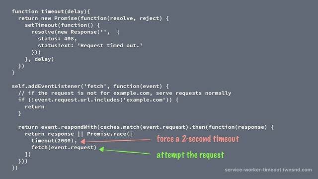 function timeout(delay){
return new Promise(function(resolve, reject) {
setTimeout(function() {
resolve(new Response('', {
status: 408,
statusText: 'Request timed out.'
}))
}, delay)
})
}
self.addEventListener('fetch', function(event) {
// if the request is not for example.com, serve requests normally
if (!event.request.url.includes('example.com')) {
return
}
return event.respondWith(caches.match(event.request).then(function(response) {
return response || Promise.race([
timeout(2000),
fetch(event.request)
])
}))
})
attempt the request
force a 2-second timeout
service-worker-timeout.twnsnd.com
