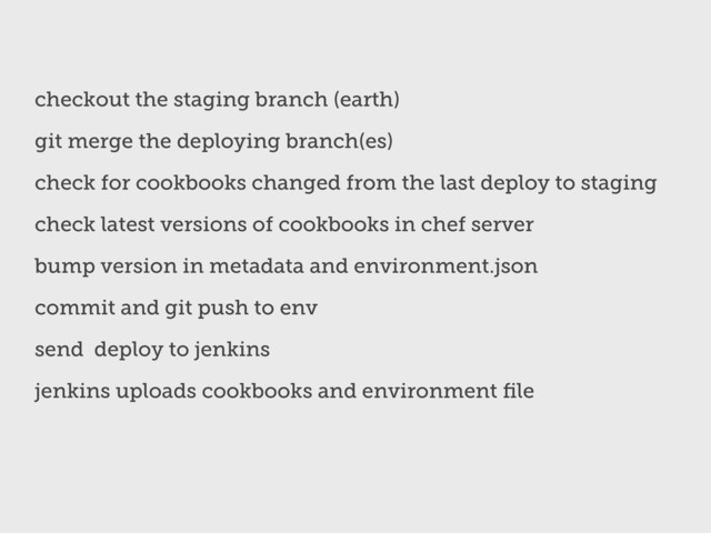 checkout the staging branch (earth)
git merge the deploying branch(es)
check for cookbooks changed from the last deploy to staging
check latest versions of cookbooks in chef server
bump version in metadata and environment.json
commit and git push to env
send deploy to jenkins
jenkins uploads cookbooks and environment ﬁle
