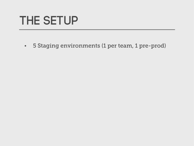 The setup
• 5 Staging environments (1 per team, 1 pre-prod)
