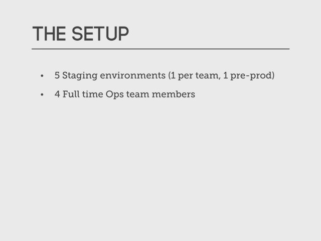 The setup
• 5 Staging environments (1 per team, 1 pre-prod)
• 4 Full time Ops team members
