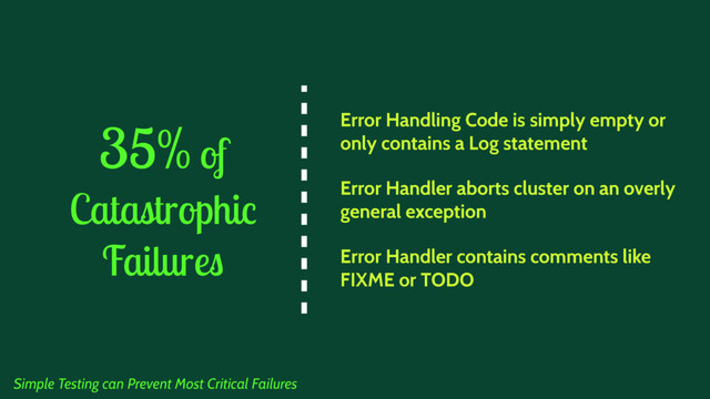 Error Handling Code is simply empty or
only contains a Log statement
Error Handler aborts cluster on an overly
general exception
Error Handler contains comments like
FIXME or TODO
35% of
Catastrophic
Failures
Simple Testing can Prevent Most Critical Failures
