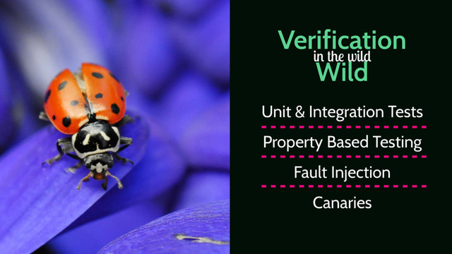Verification
Wild
in the wild
Unit & Integration Tests
Property Based Testing
Fault Injection
Canaries
