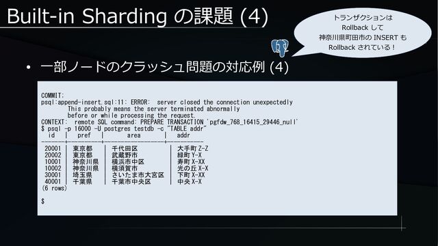 Built-in Sharding の課題 (4)
● 一部ノードのクラッシュ問題の対応例 (4)
COMMIT;
psql:append-insert.sql:11: ERROR: server closed the connection unexpectedly
This probably means the server terminated abnormally
before or while processing the request.
CONTEXT: remote SQL command: PREPARE TRANSACTION 'pgfdw_768_16415_29446_null'
$ psql -p 16000 -U postgres testdb -c "TABLE addr"
id | pref | area | addr
-------+----------+------------------+-----------
20001 | 東京都 | 千代田区 | 大手町 Z-Z
20002 | 東京都 | 武蔵野市 | 緑町 Y-X
10001 | 神奈川県 | 横浜市中区 | 寿町 X-XX
10002 | 神奈川県 | 横須賀市 | 光の丘 X-X
30001 | 埼玉県 | さいたま市大宮区 | 下町 X-XX
40001 | 千葉県 | 千葉市中央区 | 中央 X-X
(6 rows)
$
トランザクションは
Rollback して
神奈川県町田市の INSERT も
Rollback されている！
