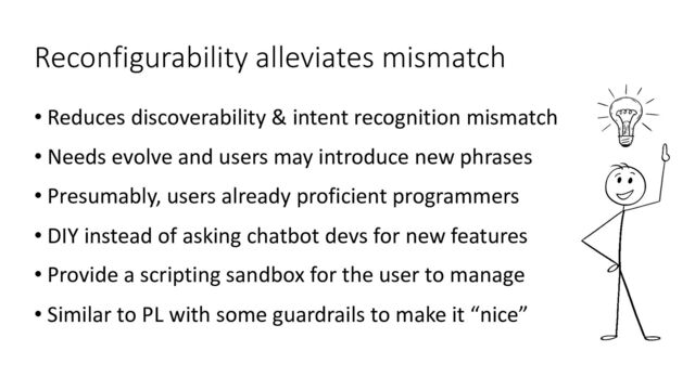 Reconfigurability alleviates mismatch
• Reduces discoverability & intent recognition mismatch
• Needs evolve and users may introduce new phrases
• Presumably, users already proficient programmers
• DIY instead of asking chatbot devs for new features
• Provide a scripting sandbox for the user to manage
• Similar to PL with some guardrails to make it “nice”

