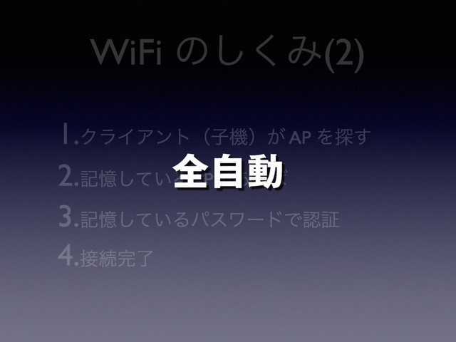 WiFi ͷ͘͠Έ(2)
1.ΫϥΠΞϯτʢࢠػʣ͕ AP Λ୳͢
2.هԱ͍ͯ͠ΔAP͕͋Ε͹
3.هԱ͍ͯ͠ΔύεϫʔυͰೝূ
4.઀ଓ׬ྃ
શࣗಈ
